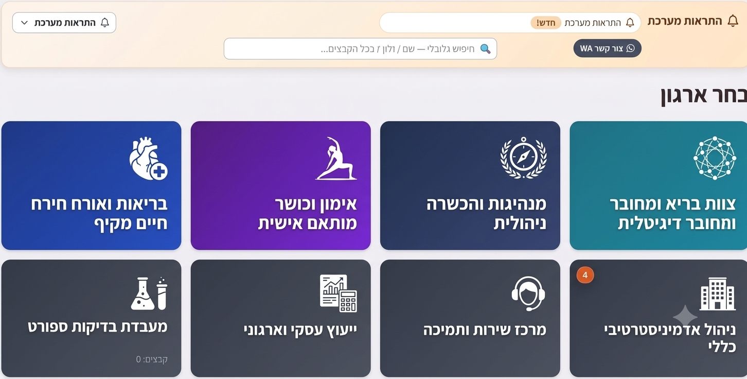 מסך בחירת ארגון במערכת ניהול הקבצים